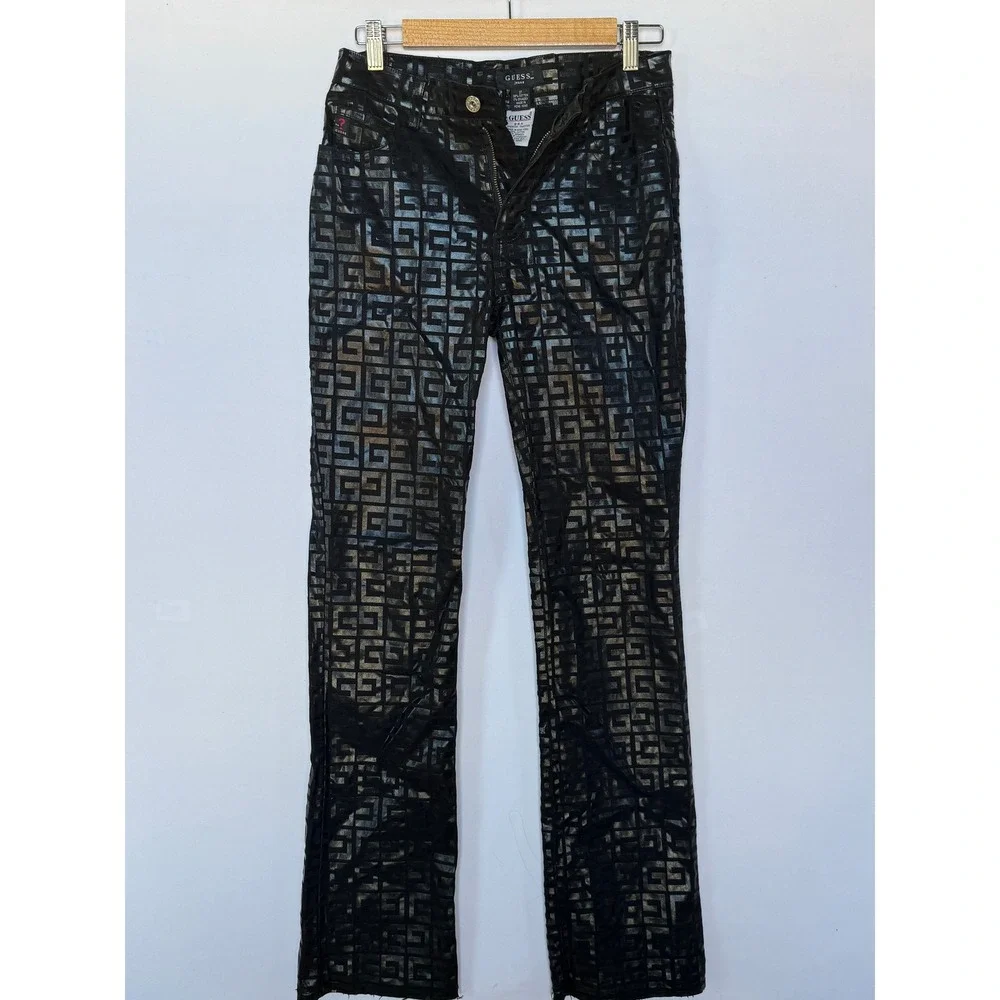 Y2K Vintage Guess Jeans Glamour Monogram Pants Women's Size 27 Black Metallic‎ G